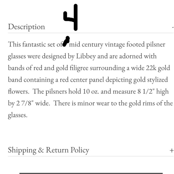 MCM vintage 60’s set of 4 Libbey’s Pilsner, beer, footed flutes, red & gold 10oz - Picture 11 of 17